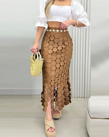 Women’s Lace Tassel Trim Bodycon Skirt Hollow-Out Detail High Waist Pencil Skirt with Side Zipper