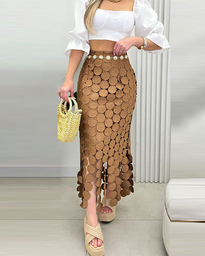 Women’s Lace Tassel Trim Bodycon Skirt Hollow-Out Detail High Waist Pencil Skirt with Side Zipper