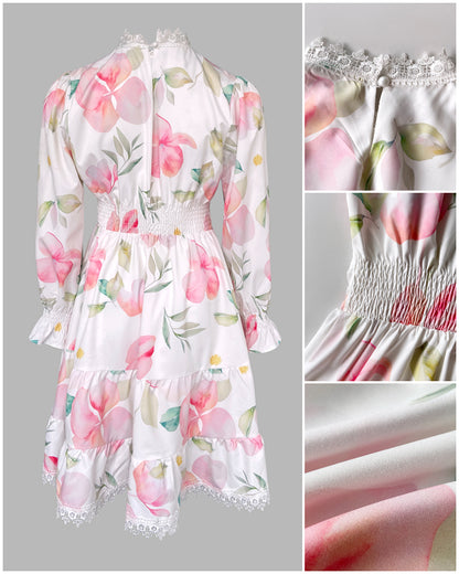 Floral Print Long Sleeve Lace Splicing Casual Cinched Waist Dress