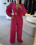Metal Ring Decor Overlap V-Neck Lantern Sleeve Zipper Back Jumpsuit Casual Cinched Waist Wide Leg Jumpsuit