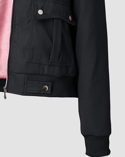 Fuzzy Trim Jacket Hooded Zip Up Fleece Lined Coat Outwear with Pockets