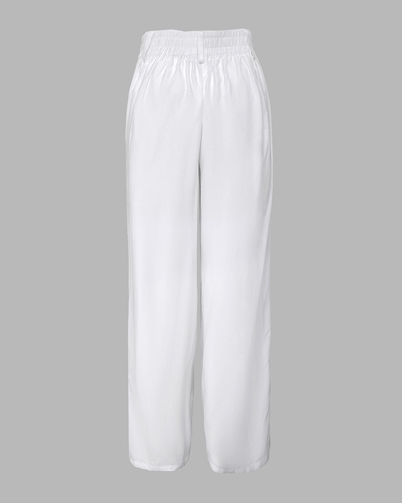 2 Pieces Outfit Turn-down Collar Cap Sleeve Button Front Tied Detail Top and Casual Zipper Fly Elastic Back Waist Wide-Leg Pants Set