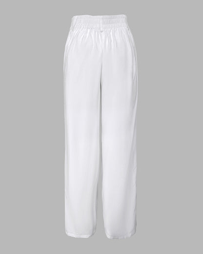 2 Pieces Outfit Turn-down Collar Cap Sleeve Button Front Tied Detail Top and Casual Zipper Fly Elastic Back Waist Wide-Leg Pants Set