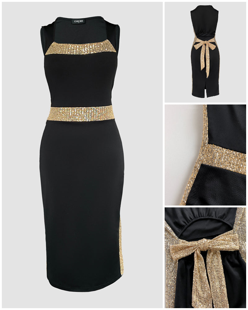 Square Neck Sleeveless Hollow-out Bowknot Mid-Calf Slit Dress