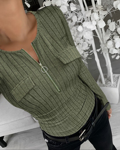 Long Sleeve Half Zip Flap Detail Ribbed Tee Slim Fit Brushed Top