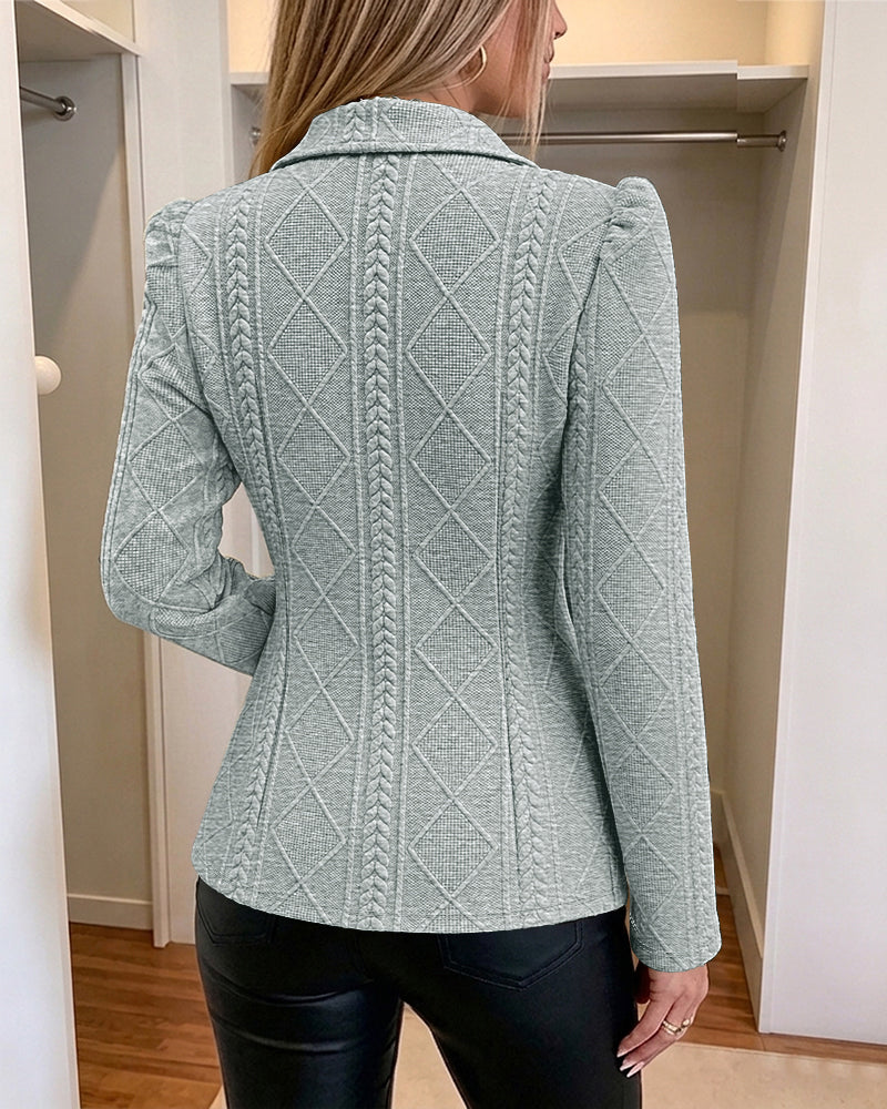 Blazer elegante de mujer con textura de cuadros de rombos, corte entallado, mangas abullonadas y botones dorados, chaqueta de traje para oficina con bolsillos