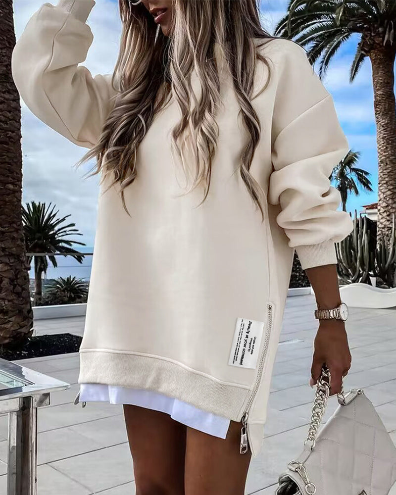 Letter Patch Detail Long Sleeve Drop Shoulder Pullover Sweatshirt Casual Zipper Side Slit Top 3 Letter Patch Detail Long Sleeve Drop Shoulder Pullover Sweatshirt Casual Zipper Side Slit Top - Image 3