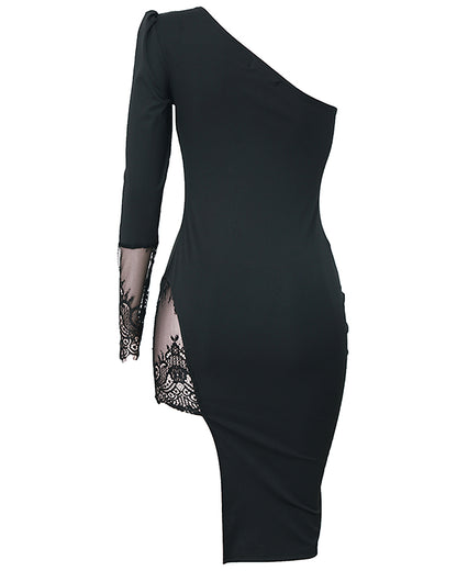 Womens One Shoulder Lace Insert Slit Bodycon Dress Cocktail Partywear