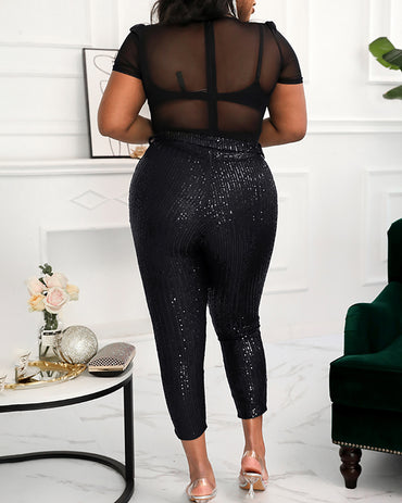 Sequins Plunge Sheer Mesh Short Sleeve Jumpsuit Sexy Sparky Slim Fit Rompers