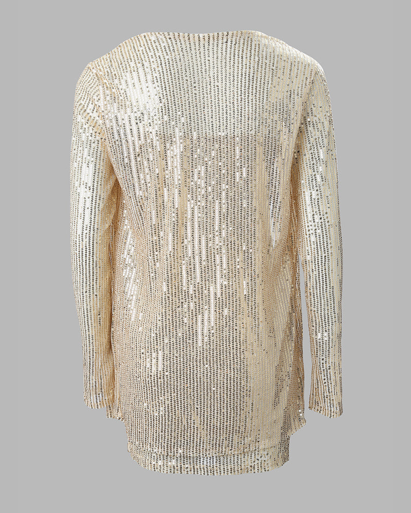 2 Piece Deep V Neck Allover Sequins Slim Fit Elasticity Bodycon Party Cardigan Set