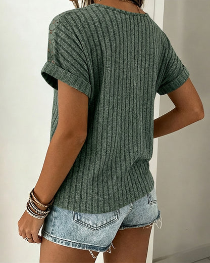 Lace Spliced Round Neck Rolled Cuffs Tee Casual Short Sleeve Ribbed Brushed Top