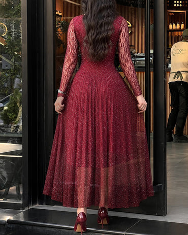 Women's Rhinestone Lace Long Sleeve Maxi Dress Crew Neck Textured A-Line Evening Gown