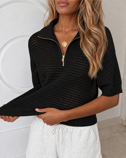 Women's Half Zip Polo Knit Top Short Sleeve Hollow-out Sweater