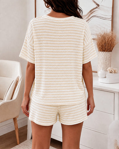 Women's 2 Piece Striped Textured Lounge Set Crewneck Short Sleeve Top and Drawstring Shorts Casual Pajamas Set