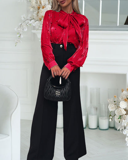 Tie Neck Beaded Long Sleeve Tied Detail Blouses Casual Shirts