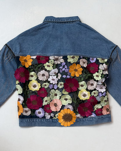 Colorblock 3D Flower Lace Embroidery Patch Denim Coat Casual Turn-down Collar Jacket