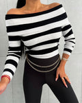 Women's Foldover Off Shoulder Striped Pullover Long Sleeve Slim Fit Knit Top