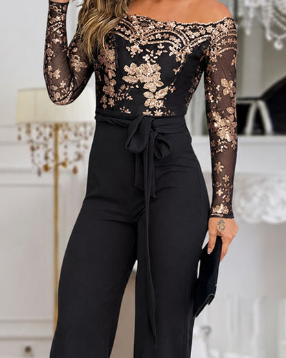 Women's Off Shoulder Gold Sequin Floral Jumpsuit Elegant Mesh Spliced Straight Leg Evening Jumpsuit with Belt