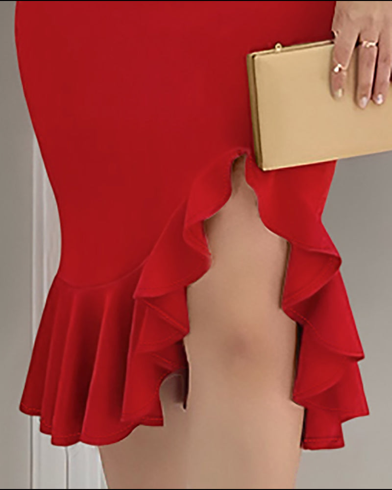 Cold Shoulder Beaded Slit Bodycon Dress Ruffle Hem Zipper Back Party Dress