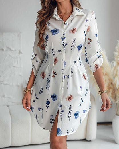 Watercolor Floral Print Turn-down Collar Turn-Up Sleeves Shirred Back Shirt Dress Casual Button Down Cinched Waist Asymmetrical Hem Vacation Dress