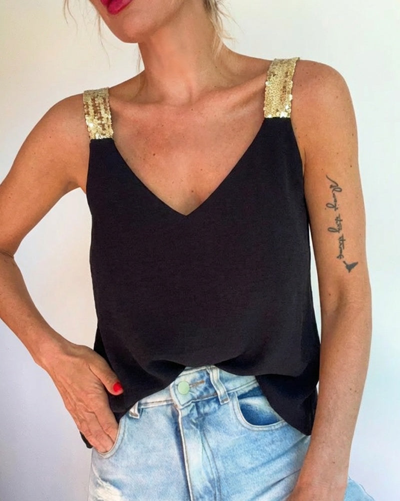V-Neck Sequin Decor Thick Straps Tank Casual Backless Textured Tank Top