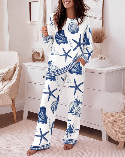 Women's 2 Piece Ocean Style Pajama Set Long Sleeve Top and Wide Leg Pants Casual Lounge Set