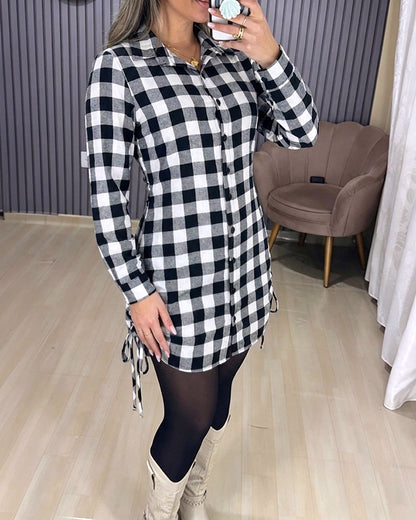 Plaid Print Turn-down Collar Button Down Dress Casual Shirred Back Side Drawstring Vacation Dress