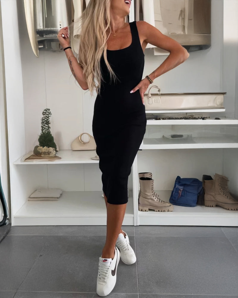 2 Pieces Outfit U-Neck Slit Back Slim Fit Knit Tank Dress and Pearl Button Front Baseball Coat Casual Ribbed Set