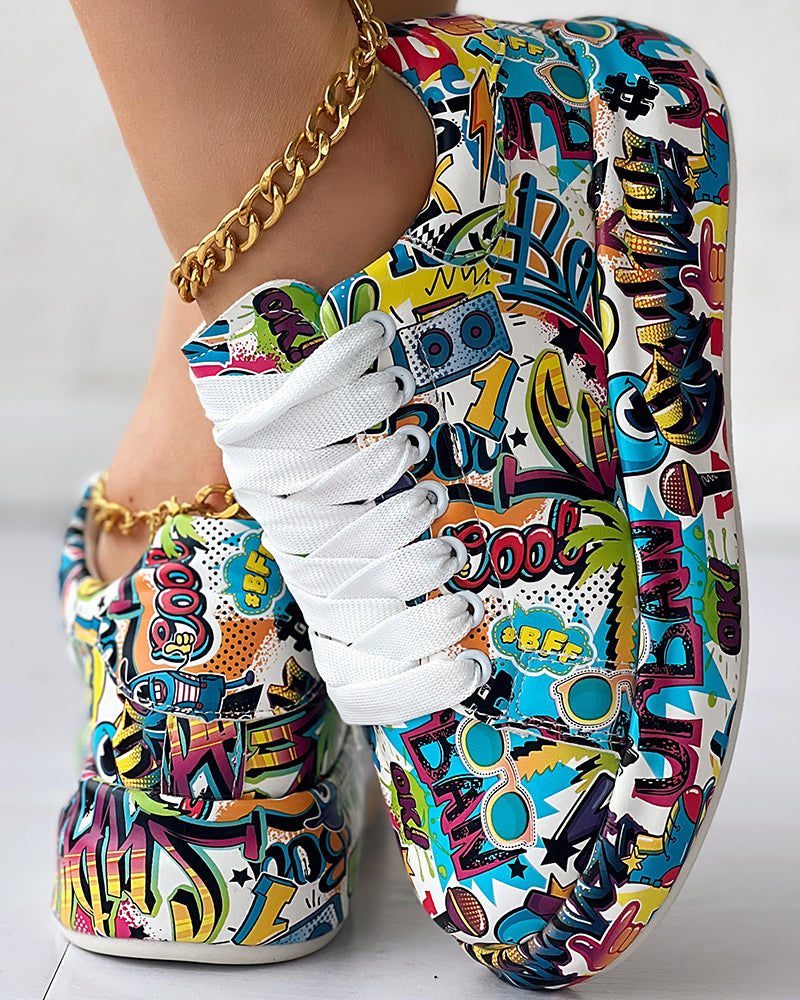 Cartoon Print Lace-up Casual Sneakers
