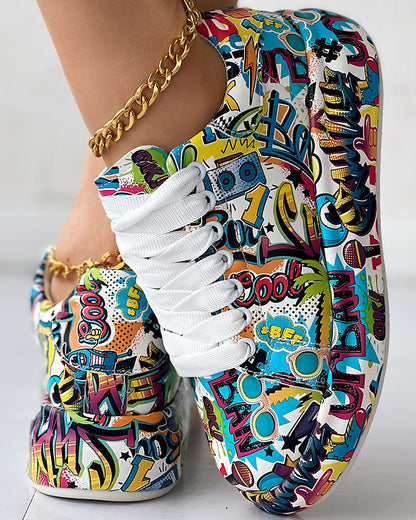 Cartoon Print Lace-up Casual Sneakers