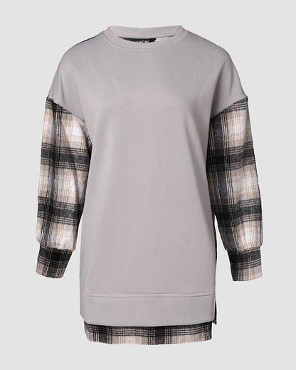 Plaid Print Spliced Long Sleeve Drop Shoulder Sweatshirt Casual Side Slit Top