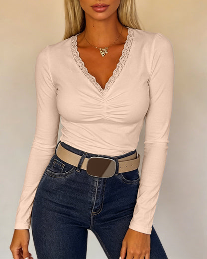 Women's Lace V Neck Ruched T Shirt Slim Fit Long Sleeve Tee Casual Elegant Top
