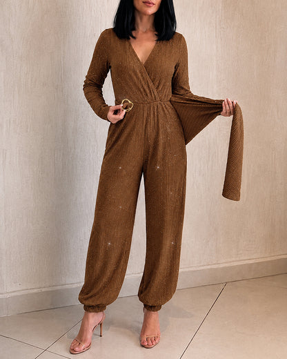Women's Glitter Tied Detail High Waist Jumpsuit Overlap V Neck Long Sleeve Overalls