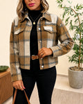 Women's Plaid Cropped Shacket Retro Button Down Long Sleeve Coat