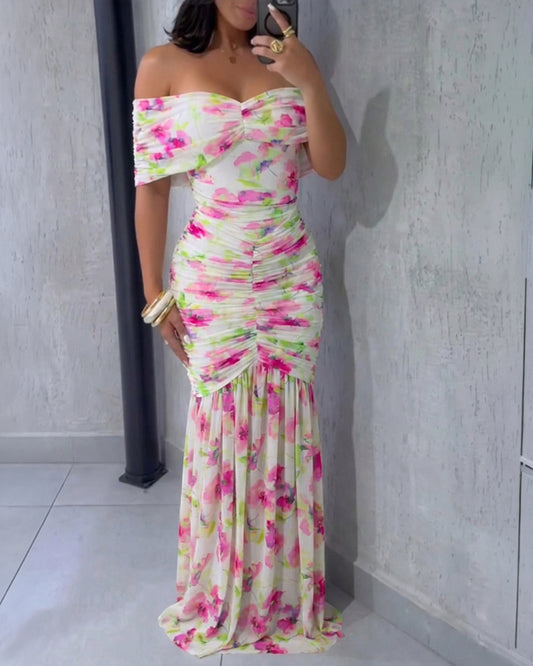Floral Print Foldover Off Shoulder Ruched Maxi Dress Elegant Mermaid Hem Party Dress