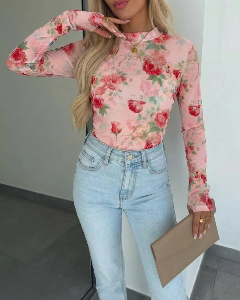 Floral Print Mock Neck Long Sleeve Tee Slim Fit Sheer Mesh Layering Top with Thumb Hole Cuffs