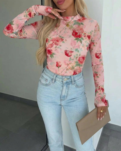 Floral Print Mock Neck Long Sleeve Tee Slim Fit Sheer Mesh Layering Top with Thumb Hole Cuffs