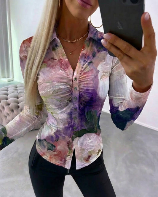 Oil Painting Floral Print Turn-down Collar V-Neck Long Sleeve Shirt Slim Fit Button Front Ruched Sheer Mesh Top with Lining