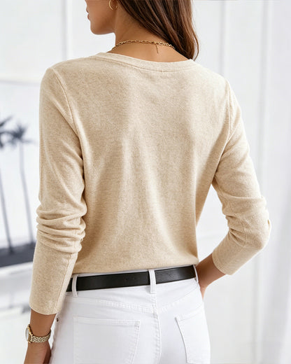 Women's V-Neck Button Decor Knit Top Long Sleeve Slimming Tee with Chest Pocket Casual Soft Pullover