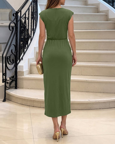 Women's Cap Sleeve Midi Dress Elegant Twist Gold Buckle Evening Dress Ruched Party Dress