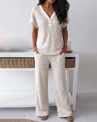Women's 2 Piece Striped Outfits V-Neck Short Sleeve Top and High Waist Wide Leg Pants Set Casual Loungewear