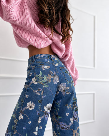 Women's Vintage Floral Printed Baggy Denim Pants Casual High Waisted Cropped Barrel Jeans