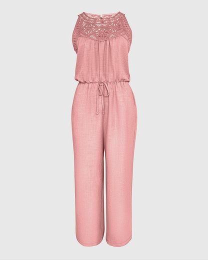 Women's Halter Jumpsuit Lace Trim Backless Overalls Tied Detail Wide Leg Jumpsuit with Pockets