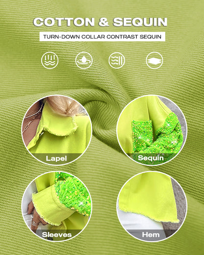 Casual Jacket Sequin Patchwork Long Sleeve Jacket Top Button Front Raw Hem Oversized Denim Shacket