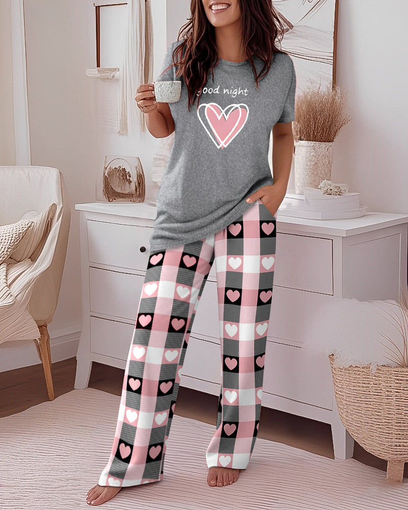 2 Pieces Outfit Floral Print Short Sleeve Top Casual Plaid Heart Pattren Lounge Pants Set