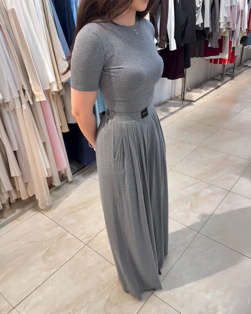 Women's 2 Piece Outfits Casual O-neck Short Sleeve Top and High Waisted Wide Leg Pants Set Lounge Set with Pockets