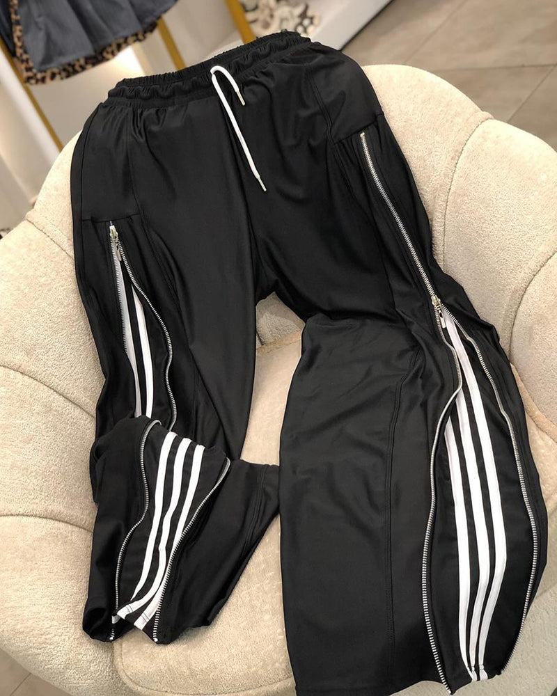 Contrast Side Striped & Zipper Slit Side Drawstring Elastic Waist Trousers Casual Wide Leg Pants