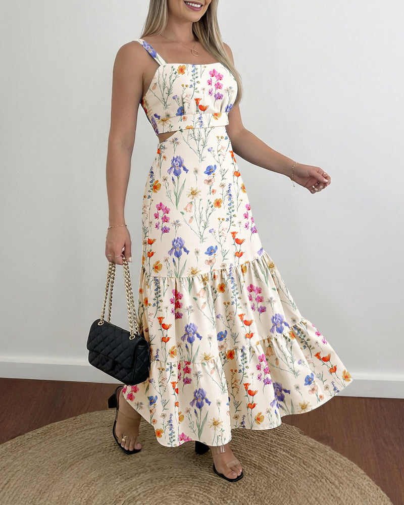 Colorful Floral Print Square Neck Adjustable Straps Shirred Back A Line Dress Casual Cutout Waist Ruffle Hem Vacation Dress