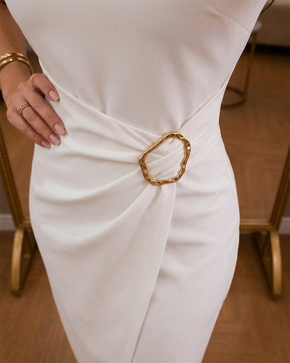 Women's Elegant Twist Midi Dress Pleated Padded Shoulder Sleeveless Wrapped Slit Party Dress Commute Dress