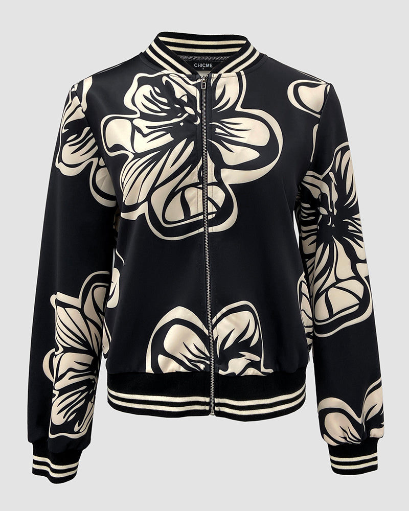 Floral Print Baseball Collar Long Sleeve Casual Jacket